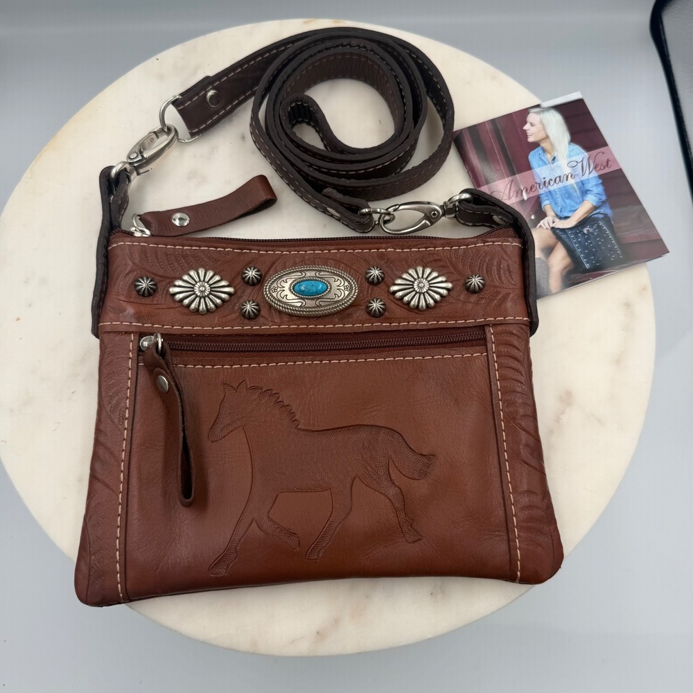 Hand-tooled Leather American West Crossbody Bag Womens Small Brown Western